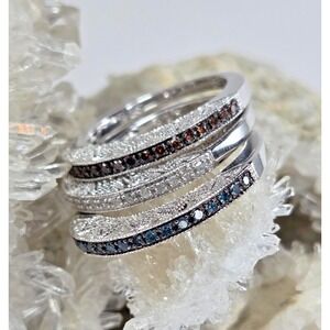Diamond Treasures Sterling Silver Fancy Colored Real Diamonds Ring Set of 3 Sz 7